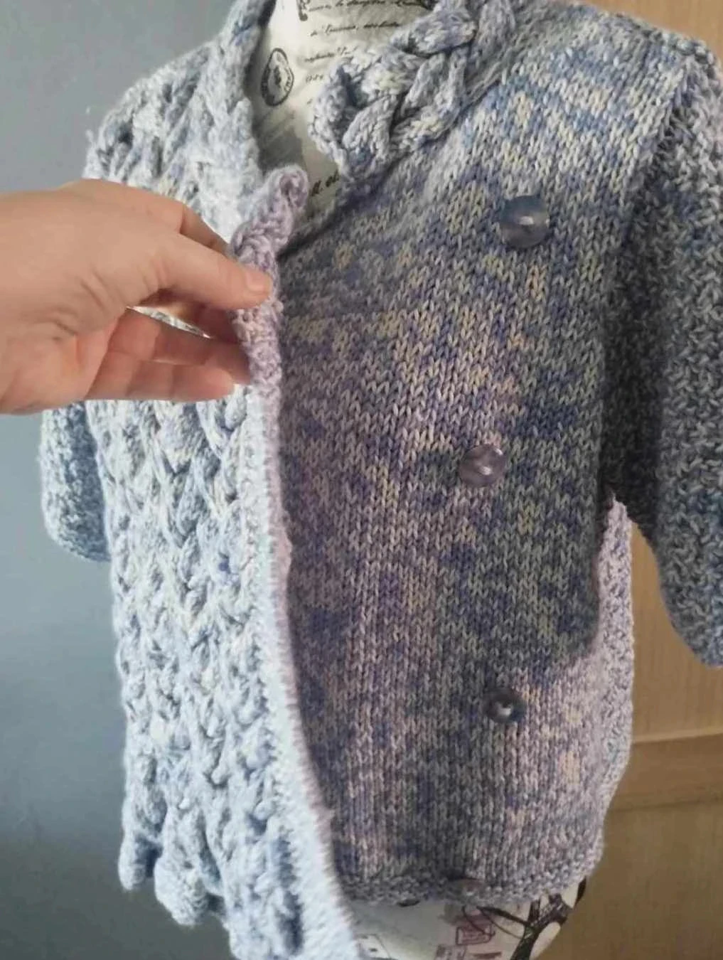 Cardigan azul claro/creme, lã, Fait Main T38//40 – photo 8